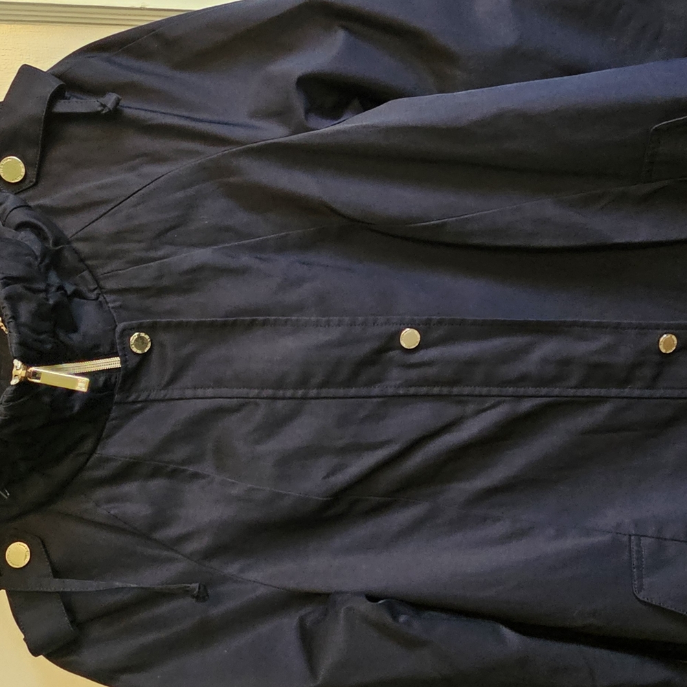Navy Blue Hooded Jacket with Gold Accents